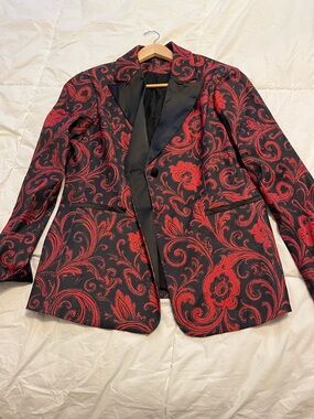 Red and Black Floral Jacquard Blazer - Women's Jacket